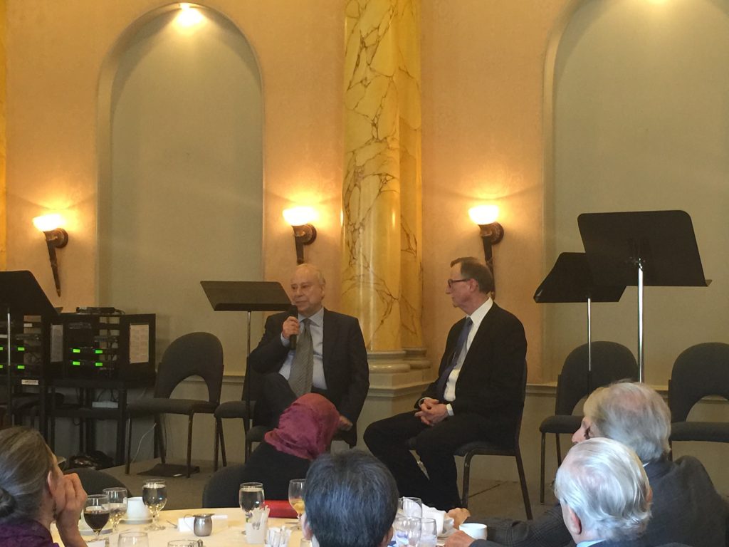 Ambassador Akbar Ahmed answers audience questions after a stage reading of his play Noor at the Cosmos Club in Washington, DC.”