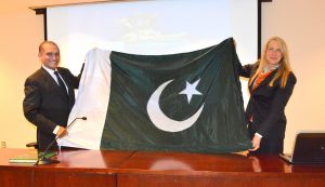 Vanessa O'Brien holding Pakistani flag with Ambassador Aizaz Chaudhry Photo: Pakistan embassy October 6, 2017