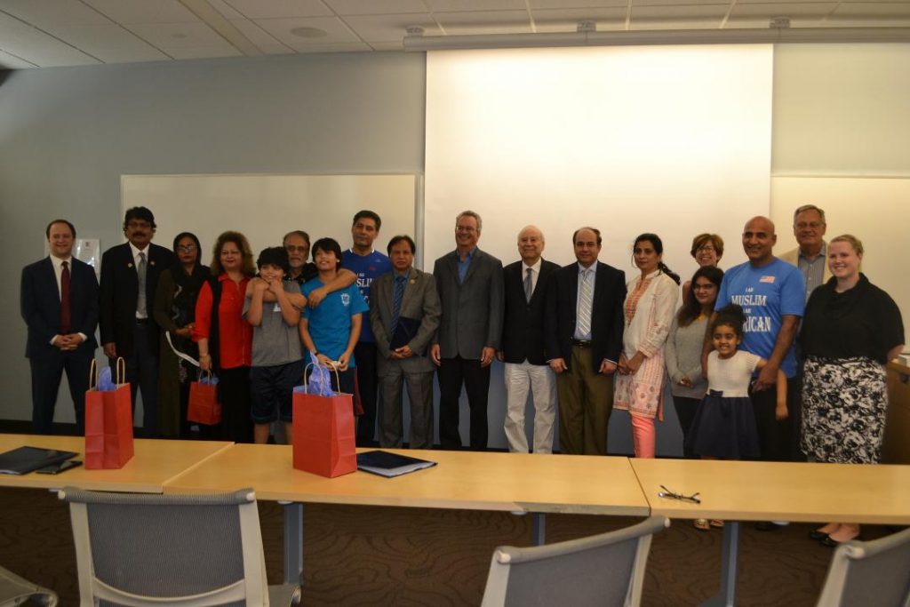 The Cholistan Development Council gathers with their American hosts, including, in the center from left, Dr. Zulfiqar Kazmi, then-Dean James Goldgeier, Ambassador Akbar Ahmed (author), on July 12, 2017 at American University. 
