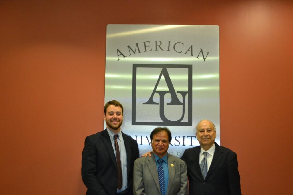 From left, Patrick Burnett, Dr. Zulfiqar Kazmi, and Ambassador Akbar Ahmed (author) gather at American University honoring the work of the Cholistan Development Council in Bahawalpur, the rural southern districts of Punjab, and beyond. 